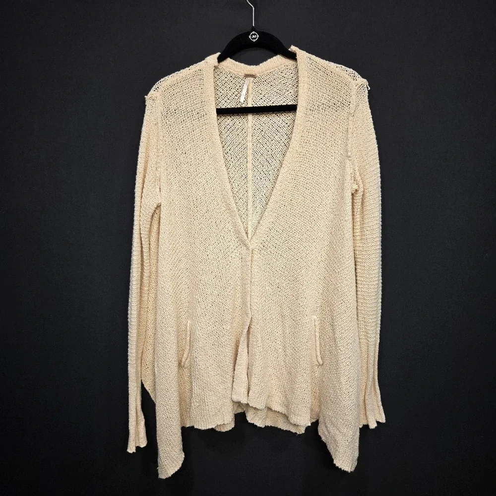 Free People Cardigan XS Cream Oversized Open Knit Draped Handkerchief Hem Pocket